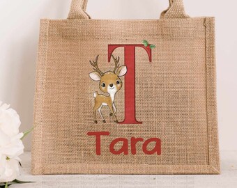 Christmas cute reindeer JUTE bag. Present for her Reusable gift. Eco Friendly lunch Bag life sister daughter secret santa lunch bag