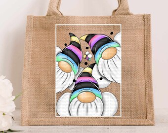 Rainbow bee gonk JUTE bag. Present for her. Reusable gift. Eco Friendly lunch Bag life sister daughter birthday christmas santa lunch bag
