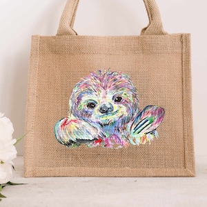 Colourful sloth JUTE bag. Present for her. Reusable gift Eco Friendly lunch Bag life sister daughter secret santa lunch gift bag birthday
