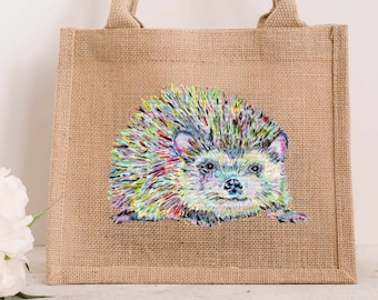 Colourful hedgehog JUTE bag. Present for her. Reusable gift Eco Friendly lunch Bag life sister daughter secret santa lunch gift bag birthday