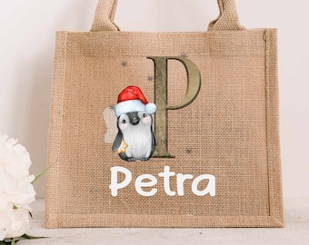 Christmas cute penguin JUTE bag. Present for her. Reusable gift. Eco Friendly lunch Bag life sister daughter secret santa lunch gift bag