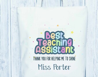 Best teaching assistant tote bag, personalised. Present gift for teaching reusable bag. Customised Christmas gift thank you end of term gift
