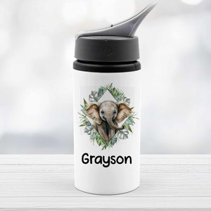 Elephant Drinks Bottle Customised Drink Container girl boy Personalised Back to school child reception nursery white alimumim metal water