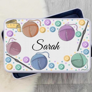 Crochet Rectangular Treats Tin Personalised. Customised craft box, crocheting gift, needle box, bits bobs christmas sewer birthday present