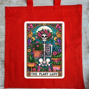 Plant Lady Funny Tarot Borsa tote rossa per la vita in cotone Umoristico eccentrico insolito alternativo scheletro scuro regalo di compleanno regalo di Natale