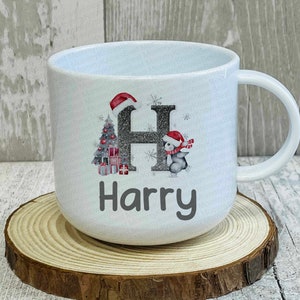Silver skating penguin children&#39;s mug 6oz small Personalised hot chocolate Unbreakable cup Christmas eve box gift Small cup 1st Dec xmas