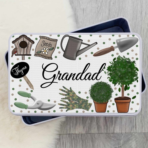 Grandads Gardening Rectangular Treats Tin. Customised gardener gift, Snack box, bits bobs christmas grandad seeds birthday present