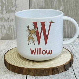 Reindeer with initial children&#39;s mug 6oz small Personalised hot chocolate Unbreakable cup Christmas eve box gift Small cup 1st Dec xmas