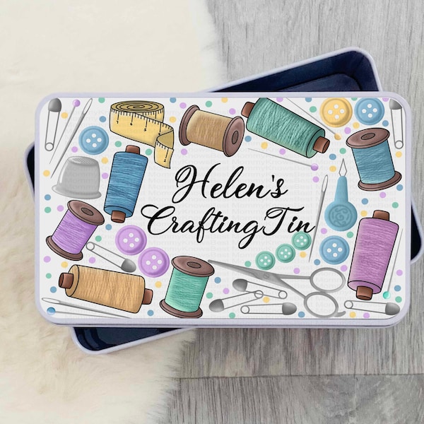 Crafting Rectangular Treats Tin Personalised. Customised craft box, sewing gift, needle box, bits and bobs christmas sewer birthday present