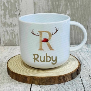 Reindeer with nose initial children&#39;s mug 6oz small Personalised hot chocolate Unbreakable cup Christmas eve box gift Small cup 1st Dec xmas