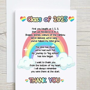 Tarjeta de despedida de la guardería. Último día de preescolar. Despedida de los profesores. Tarjeta arcoíris 2025. Gracias a los profesores. Clase 2025, despedida de preescolar.