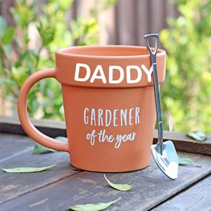 Plant Pot shaped Mug and shovel spoon Gardener of the year. Fathers day gift for Dad birthday present christmas gift unusual  personalised