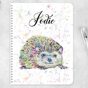 Hedgehog notebook personalised Watercolour rainbow Recyclable eco friendly notepad biodegradable. Wire book gift birthday journal notes