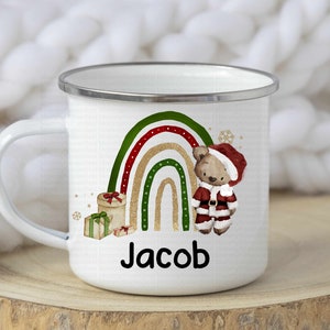 Taza navideña con diseño de oso de Papá Noel y arcoíris, taza personalizada para niños, taza festiva de chocolate caliente esmaltada, Nochebuena para niño, niña y niño, Navidad familiar