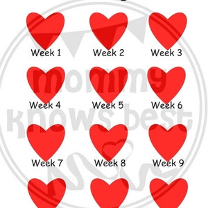 May include: A white graphic with the text "12 week weight loss" at the top. Below are twelve red hearts, each labeled with a week number from 1 to 12. The image is designed to track weight loss progress.