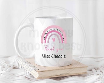 Rainbow Thank you mug teacher. Teaching assistant cup. Personalised mug thanks. Customised goodbye teacher. Unusual gift end of term. Thanks