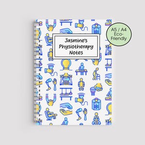 May include: A spiral-bound notebook with a white cover featuring a repeating pattern of physiotherapy-related icons in blue, yellow, and orange. The notebook has the text "Jasmine's Physiotherapy Notes" in a white rectangle. A green circle indicates the notebook is A5/A4 and eco-friendly.