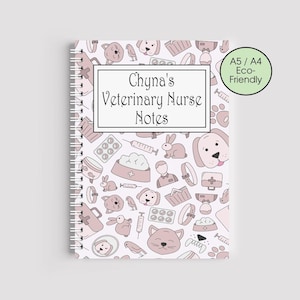 May include: A spiral-bound notebook with a white cover featuring a repeating pattern of veterinary-themed illustrations in shades of pink and brown. The notebook has the text "Chyna's Veterinary Nurse Notes" and a green circle that says "A5 / A4 Eco-Friendly".