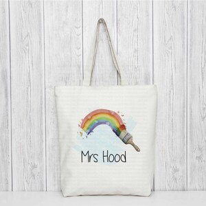 Thank you teacher tote bag with rainbow paintbrus, personalised Present gift for teacher teaching assistant reusable bag for life Customised