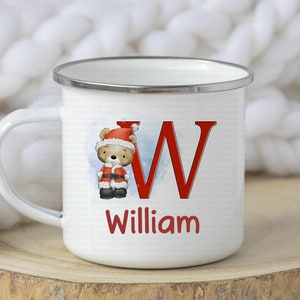 Taza con inicial de oso de Papá Noel para Navidad, personalizada, para niños, con relleno festivo, taza de chocolate caliente esmaltada, personalizada, para Nochebuena, para niño, niña, niño y familia
