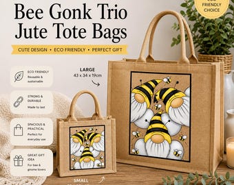 May include: Two jute tote bags, one large and one small, featuring a bee and gnome design. The large bag measures 43 x 34 x 19cm, and the small bag measures 25 x 25 x 10cm. The bags have sturdy handles and are labeled as eco-friendly.