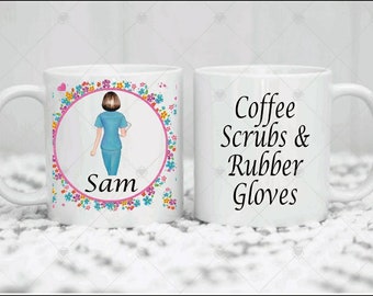 Tasse d’infirmière personnalisée. Infirmière. Gommages de café et gants en caoutchouc. Tasse à café. Coupe. Art aquarelle. Cadeau d’infirmière. Infirmière tasse. Les infirmières sont des héros
