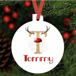 Personalised Christmas bauble reindeer initial ornament aluminium. Customised tree decoration keepsake baby child girl boy Xmas gift present