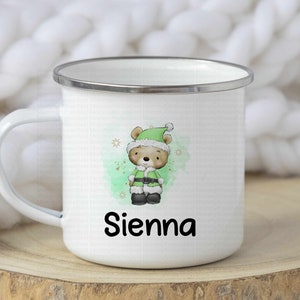 Taza navideña personalizada con osito de Papá Noel verde, taza navideña para niños, taza esmaltada con relleno festivo, taza de chocolate caliente, Nochebuena para niño y niña