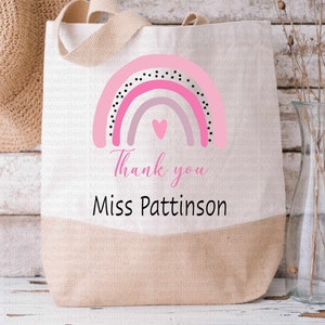 Thank you teacher tote bag with rainbow, personalised. Present gift for teacher teaching assistant reusable bag. Customised Christmas gift