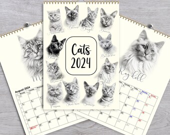 以下が含まれることがあります： 様々な猫の品種の詳細な白黒イラストが特徴の、スパイラル綴じのカレンダーです。「Cats 2024」と書かれており、日付が表示された月間カレンダービューが含まれています。