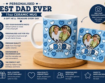 Juego de taza y posavasos personalizados "El mejor papá del mundo" - Regalo fotográfico para el Día del Padre