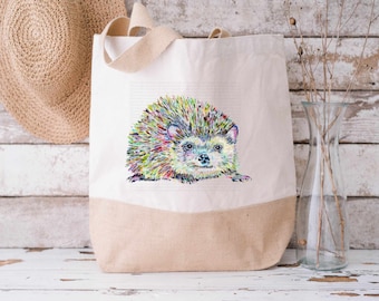 Färgglad Hedgehog Canvas JUTE-väska. Födelsedagspresent Mors dag-present Jul Återanvändbar present Miljövänlig lunchkasse Livsstil lunchpåse