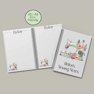 May include: Spiral-bound notebook with lined pages and a cover featuring a vintage sewing machine design with floral accents. The cover reads "Helen's Sewing Notes." The notebook is labeled "A5 / A4 Eco-Friendly."