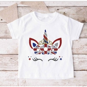 Kids Unicorn Union Jack Tshirt Coronation Celebrations Queen daughter niece granddaughter Street party school top glitter effect gift ve day
