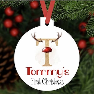 Personalised first Christmas bauble reindeer initial ornament aluminium. Customised tree decoration keepsake baby 1st Xmas gift present
