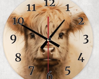 Highland cow clock. Large Glass Clock, Wall Clock Highland Cow Gifts Farmhouse Guesthouse Cottage Clock Birthday Present Elegant Home decor