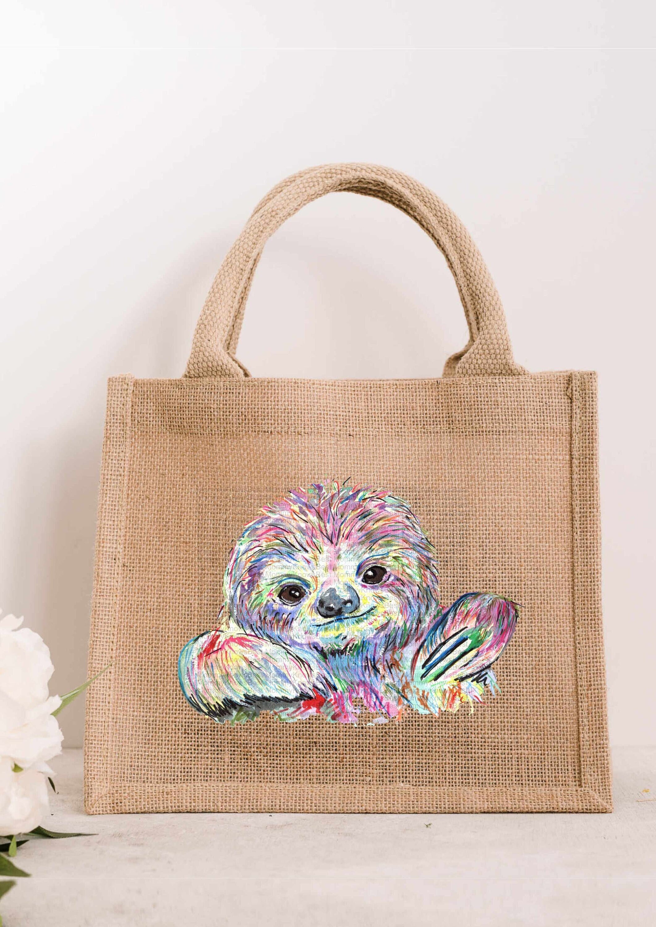 Colourful sloth JUTE bag. Present for her. Reusable gift Eco Friendly lunch Bag life sister daughter secret santa lunch gift bag birthday