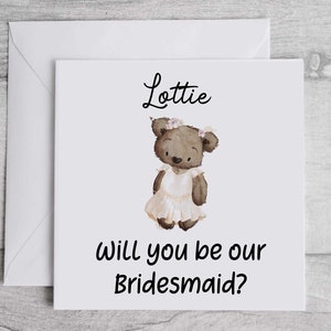 Word jij mijn BRUIDSMEISJE-kaart? Schattige bloementeddykaart vraagt een kind junior volwassene om haar, gepersonaliseerd, bloemenmeisje, bruiloftsbriefpapier