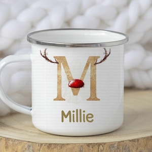 Reindeer Nose Christmas Mug, Kids Personalised Mug Festive Box Filler Enamel Hot Chocolate Mug, Christmas Eve Boy Girl Boy Xmas Family