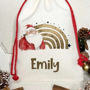 Personalised santa sack with santa and a rainbow Reusable burlap bag Christmas eve sack Drawstring heavyweight reuse customised