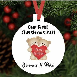 Personalised our first Christmas as couple bauble year 2021 aluminium Customised tree decoration keepsake Xmas gift present engaged married