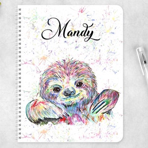 Sloth notebook personalised Watercolour rainbow Recyclable eco friendly notepad biodegradable. Wire book gift birthday journal notes