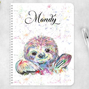 Könnte beinhalten: Eine farbenfrohe, aquarellartige Illustration eines Faultiers auf weißem Hintergrund mit einem Spritzlack-Design. Der Name "Mandy" ist oben im Bild in Kursivschrift geschrieben.