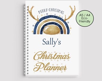 Personalised Christmas Planner Any Name Custom Reindeer Notebook Festive Organiser Holiday Rainbow Journal Eco Friendly A4 A5 Stationery