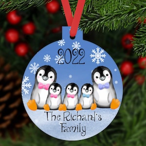 Penguin family Christmas bauble year 2021 aluminium Customised tree decoration keepsake gift present personalised family adults and children