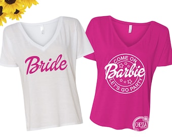 Bachelorette Party Shirts, Custom Bride Shirt Bridesmaids, Hot Pink, White Relaxed V-Neck Bridesmaid Getting Ready Set, Let's Go Party, 6405