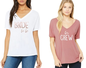 Custom Bachelorette Party Shirts, Mauve & Rose Gold Slouchy V-Neck Bridesmaid Getting Ready Shirt Set 8815 Bella+Canvas