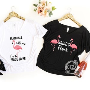 Flamingo Bachelorette Party Shirts, Summer Beach Luau, Final Flamingle, Custom Bride Shirt, Bridesmaids, Black & White, 8815 Slouchy V-Neck image 1