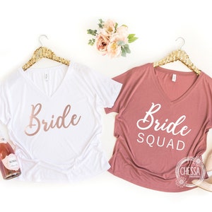 Bachelorette Party Shirts, Custom Bride Shirt, Mauve & Rose Gold Slouchy V-Neck Bridesmaid Getting Ready Shirt Set 8815 Bella+Canvas