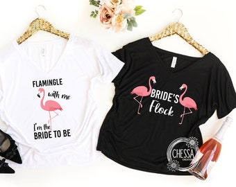 Flamingo Bachelorette Party Shirts, Summer Beach Luau, Final Flamingle, Custom Bride Shirt, Bridesmaids, Black & White, 8815 Slouchy V-Neck